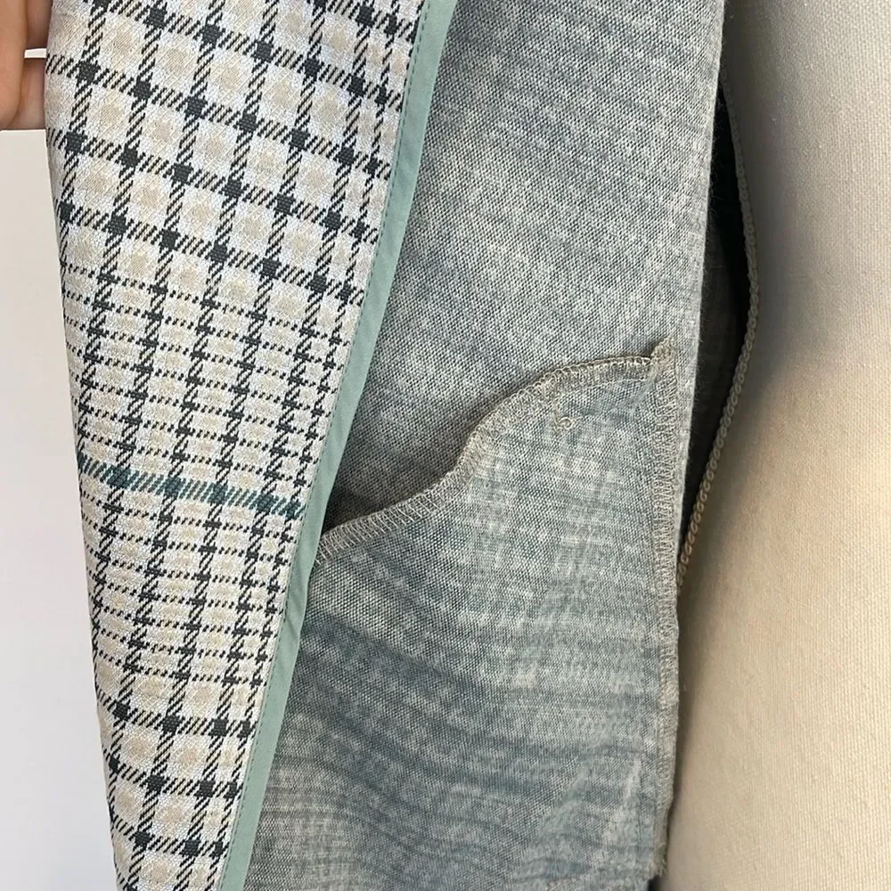 Melloday TRENCH COAT GREY BLUE PLAID SLASH POCKET OPEN FRONT - Picture 4 of 7